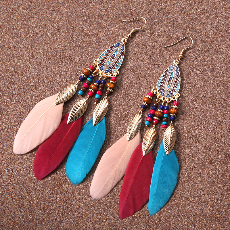 Wholesale Water op Tassel Feather Earrings Women's Long Bohemian Rice Beads European and American Earrings Ethnic Style Tourism Vacation Aessories