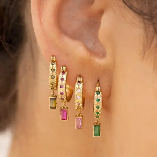 304 Stainless Steel Rectangle May Birthstone Emerald 18K Gold Plated Casual Elegant Simple Style Earrings