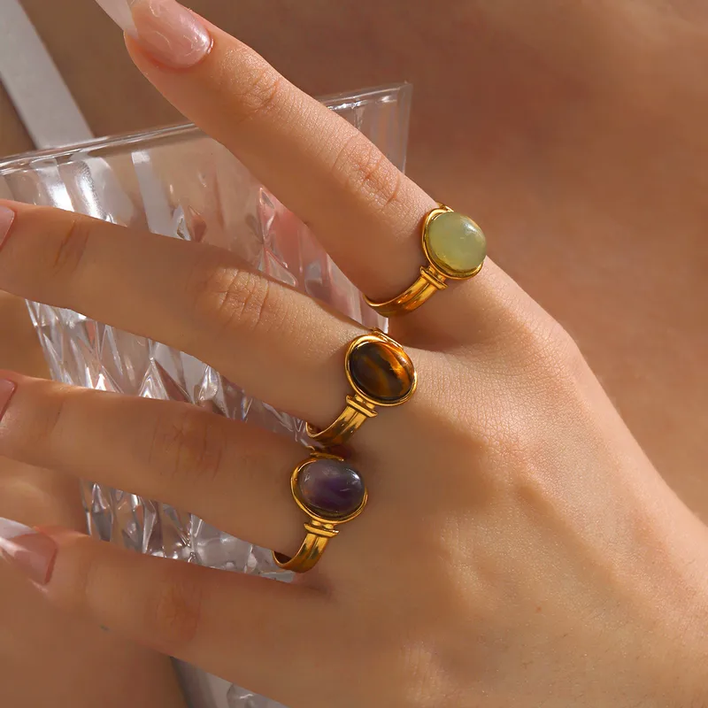 Wholesale Ion Plating (IP) 18K Gold Plated Oval 304 Stainless Steel Vintage Style Waterproof Non Tarnish Open Rings