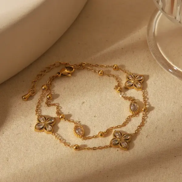 Wholesale Jewelry IG Style French Style Commute Four Leaf Clover Solid Color Flower 304 Stainless Steel Zircon 18K Gold Plated Bracelets Necklace