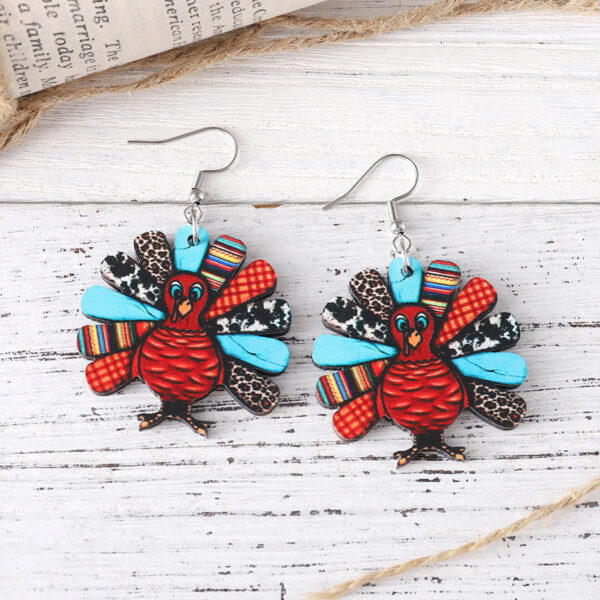 Wholesale Cross-Border New Thanksgiving Leopard Print Turkey Pendant Earrings Wooden Double-Sided Autumn Harvest Thanksgiving Party Earrings