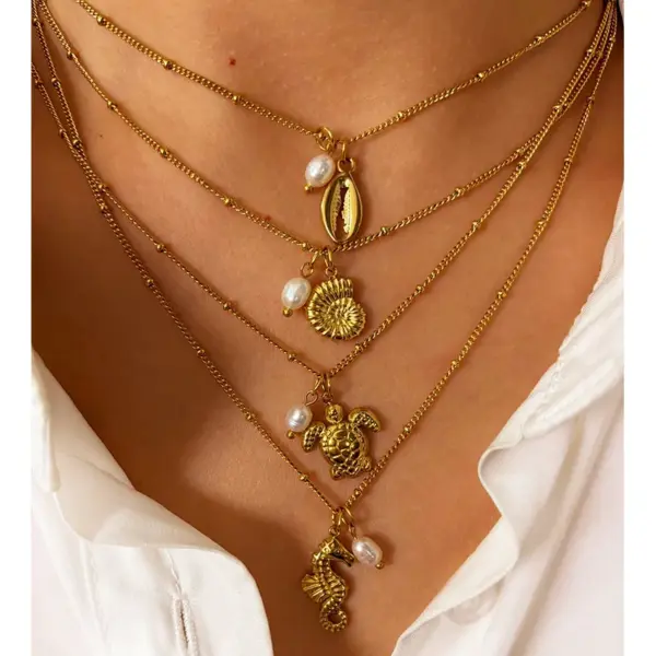 304 Stainless Steel Tortoise Starfish Shell PVD Coated Shell Real Gold Plated Nordic Style Marine Style Beach Waterproof Non Tarnish Surgical Steel Cuban Link Chain Curb Chain Lobster Trigger Clasp Closure Gold Pendant Necklace