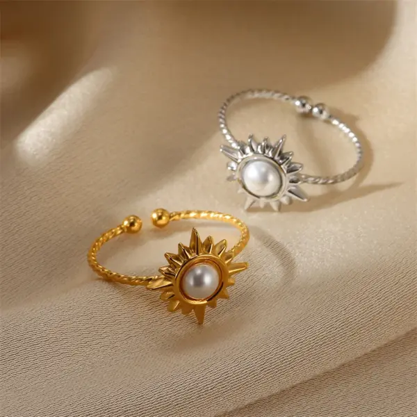 Wholesale PVD Coated Real Gold Plated Heart Shape Flower 304 Stainless Steel Imitation Pearl Elegant Classical Romantic Waterproof Non Tarnish Open Rings Rings