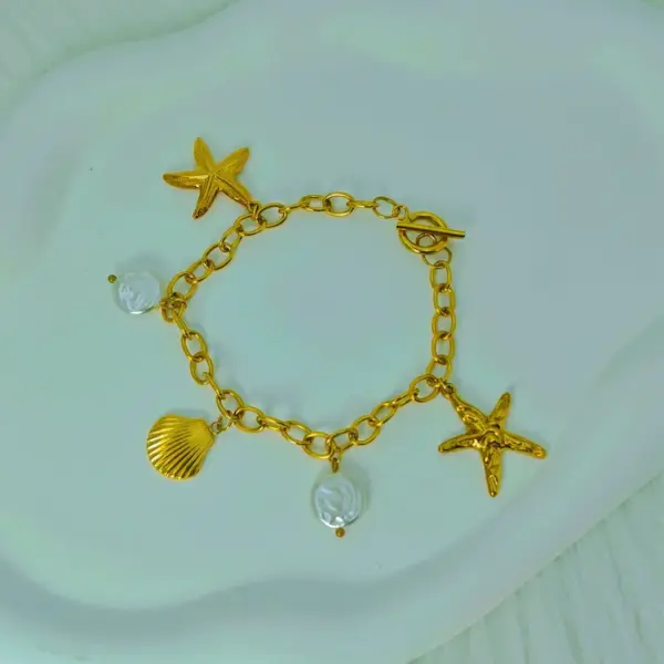 Wholesale 304 Stainless Steel Starfish Shell PVD Coated Golden Plated Hip-Hop Cable Chain Bracelets