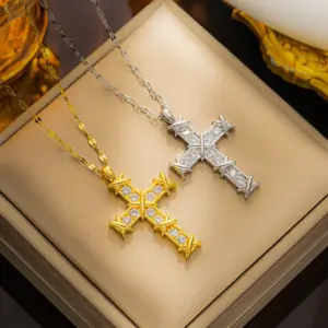 Wholesale PVD Coated Real Gold Plated Cross Stainless Steel Vintage Style Waterproof Non Tarnish Titanium Steel Pendant Necklace