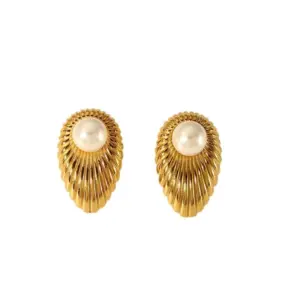 【XKE0273】Water Drop Stripe Pearl Earrings / Gold