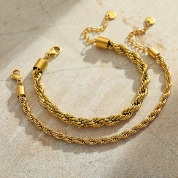 Real Gold Plated 304 Stainless Steel PVD Coated Solid Color Waterproof Non Tarnish Twisted Rope Chain Necklace
