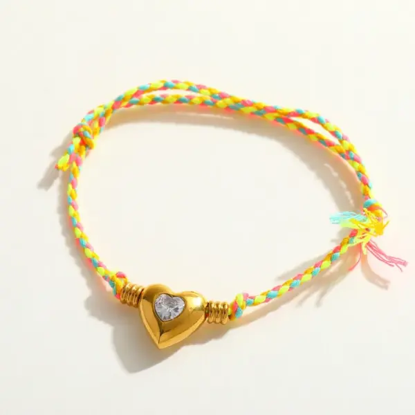 Wholesale Handmade Love Heart Pendant Zircon Embedded Stainless Steel 18K Gold Plated Cotton Rope Bracelet Sweet Cute Jewelry Accessory