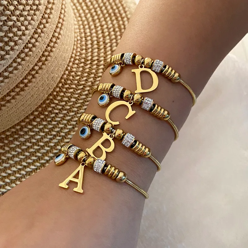 Wholesale 304 Stainless Steel Copper 18K Gold Plated Retro Commute Inlay Letter Eye Rhinestones Bracelets