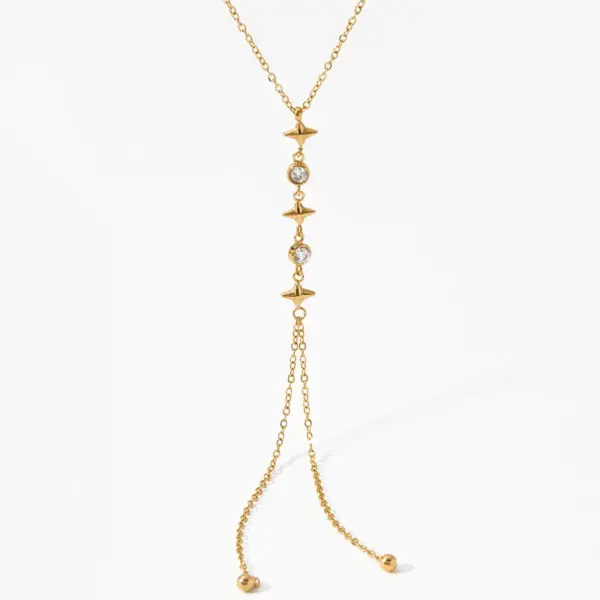 304 Stainless Steel Round Star Lines PVD Coated Zircon Real Gold Plated Necklace