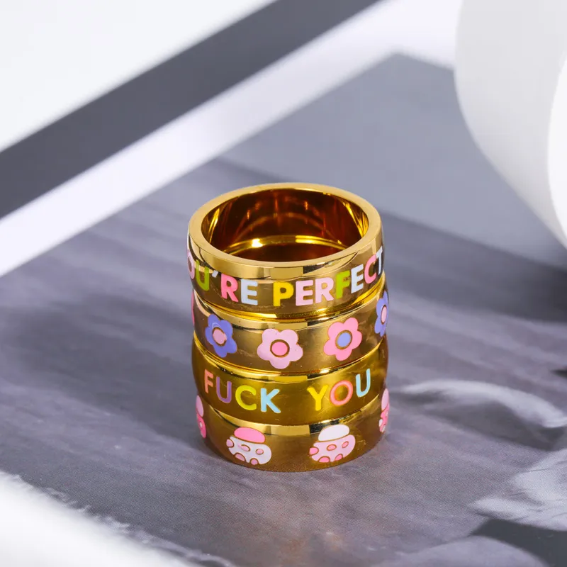 Wholesale Cute Letter Flower Titanium Steel Enamel Rings