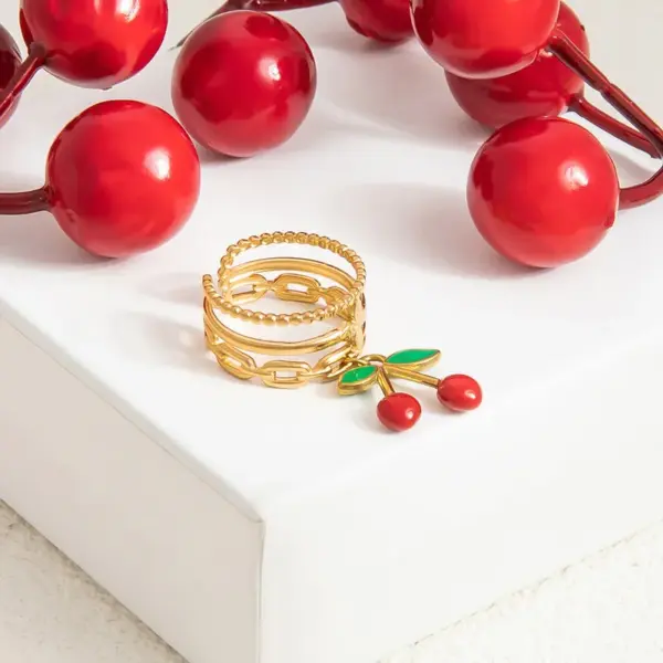 Wholesale PVD Coated Real Gold Plated Cherry Heart Shape Eye 304 Stainless Steel Cute Waterproof Non Tarnish Charm Rings Open Rings