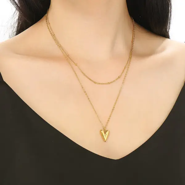 Wholesale Fashionable Minimalist Double Layer Stainless Steel Bead Chain Heart Pendant Splicing Chain Necklace Jewelry Set For Women