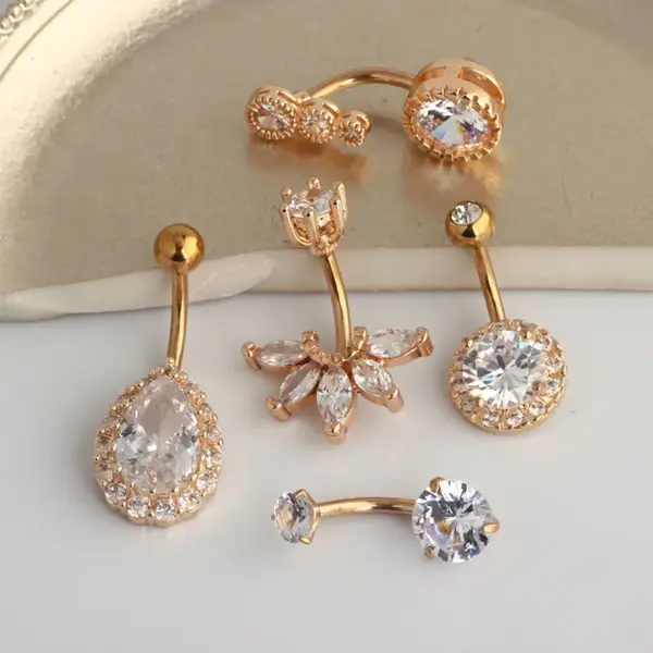 Wholesale Fashion Water Droplets Stainless Steel Inlay Zircon Belly Ring 5 Pieces