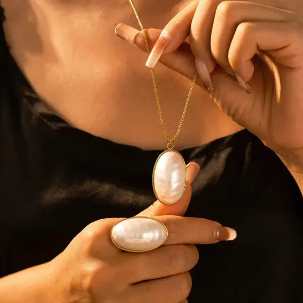 Wholesale 304 Stainless Steel Geometric PVD Coated Fritillary Real Gold Plated Elegant Classical Simple Style Waterproof Non Tarnish Inlay Rings Earrings Necklace