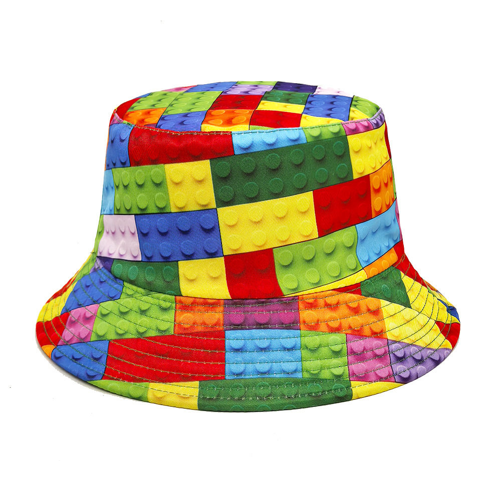 Wholesale Foreign Trade Spring and Summer Building Blocks Pattern Printed Fisherman Hat Basin Hat Women's Double-sided Sunshade Hat Cross-border Hot B