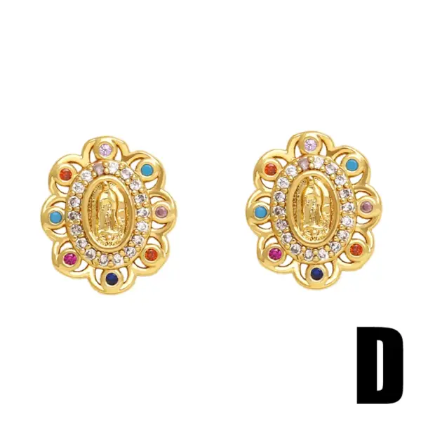 Wholesale 1 Pair Ethnic Style Virgin Mary Oval Plating Inlay Copper Zircon 18k Gold Plated Ear Studs