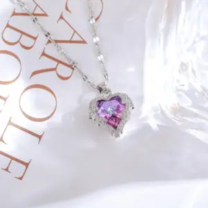 Silver-Plated Purple Gemstone Necklace / Heart Of The Ocean