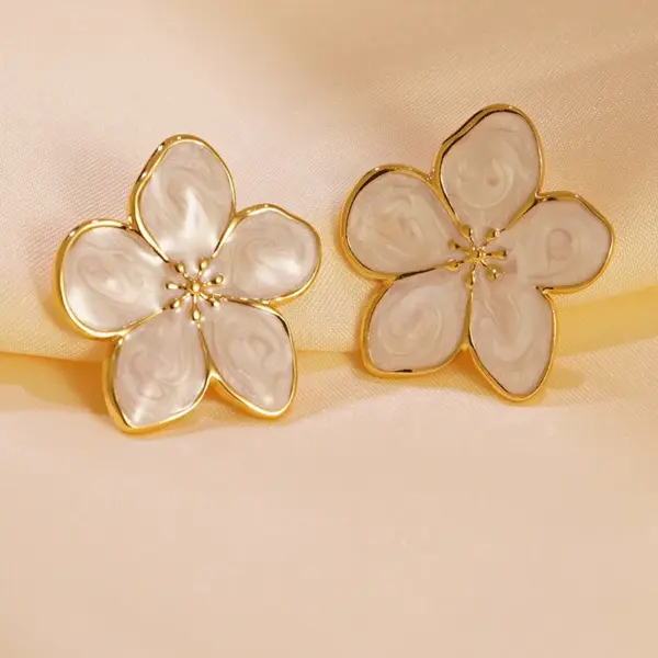 304 Stainless Steel Plastic Flower Plated Stone-Free Imitation Gold Elegant Cute Sweet Enamel Gold Ear Studs