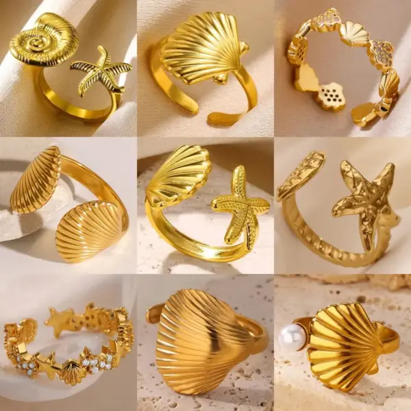 Wholesale 304 Stainless Steel Solid Color Shell PVD Coated Zircon Real Gold Plated Simple Style Waterproof Non Tarnish Plating Rings