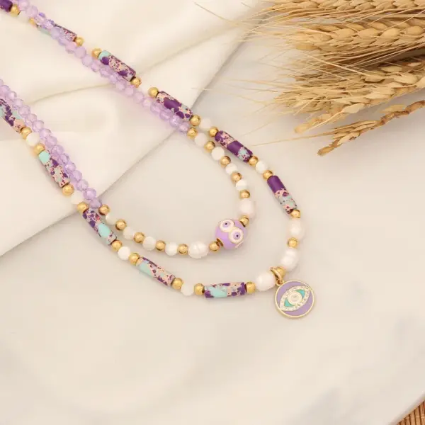 Wholesale Bohemian Heart Shape Eye Stainless Steel Natural Stone Beaded Plating 18K Gold Plated Necklace