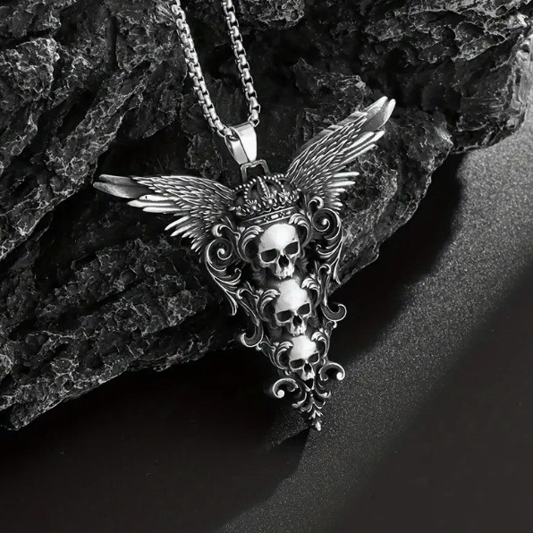 oly-257127f6aa13b99ae3d80e957f5d940d Wholesale Gothic Three Skull Crown and Wings Pendant Necklace, Vintage Horror Inspired Design, Ethnic Jewelry for Men and Women