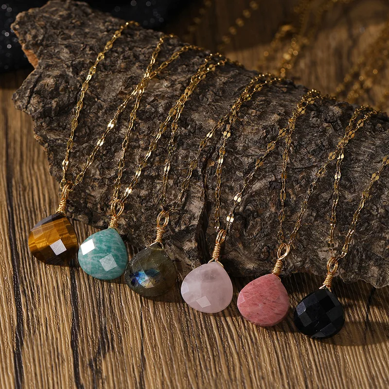 Wholesale ZhouHang Natural Stone Pendant Necklace Aquamarine Amethyst Drop Shape Cut Jewelry Sweet Style Earrings Accessories
