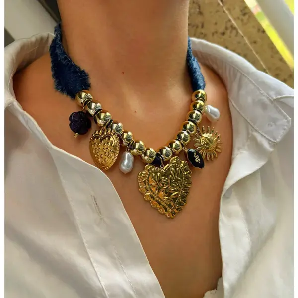 Wholesale 304 Stainless Steel Cloth Fabric Geometric Sun Heart Shape PVD Coated Acrylic Imitation Pearl Resin Real Gold Plated IG Style Vintage Style Luxurious Hypoallergenic Denim Rope Lobster Trigger Clasp Closure Gold Pendant Necklace