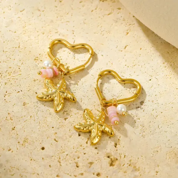 Wholesale PVD Coated Real Gold Plated 18K Gold Starfish Conch 304 Stainless Steel Vacation Waterproof Non Tarnish Earrings
