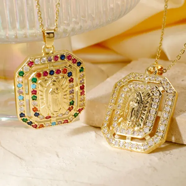 PVD Coated K Gold Plated Geometric Round Virgin Mary 304 Stainless Steel Copper Vintage Style Classic Waterproof Non Tarnish Pendant Necklace