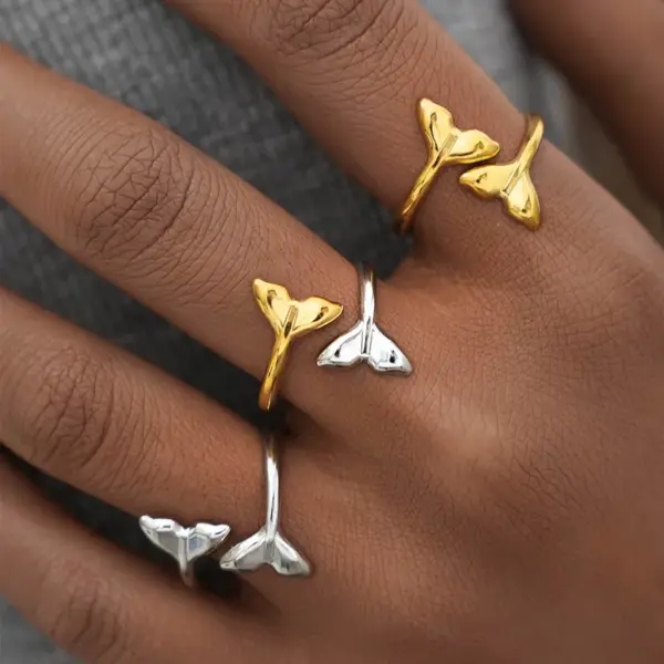 Ion Plating (IP) Real Gold Plated 18K Gold Fish Tail 304 Stainless Steel IG Style Vacation Beach Waterproof Non Tarnish Rings