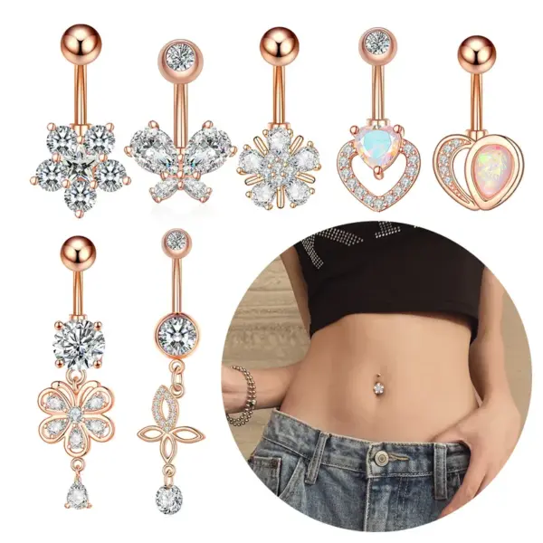 Wholesale Fashion Heart Shape Flower Butterfly Stainless Steel Plating Inlay Zircon Belly Ring 1 Piece