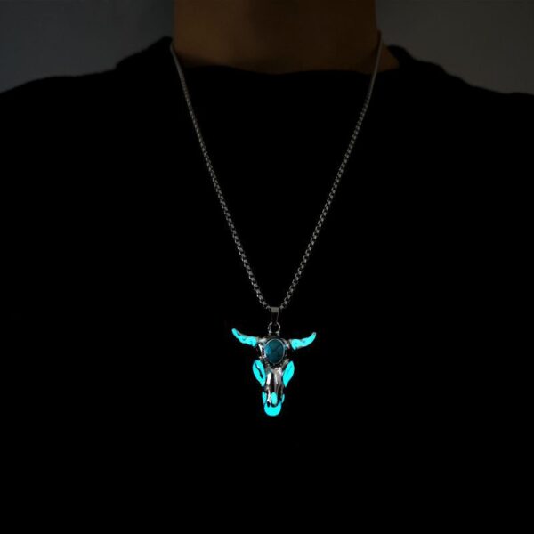 Wholesale European and American men's turquoise skull bull head stainless steel luminous necklace retro animal religious divine cow luminous pendant