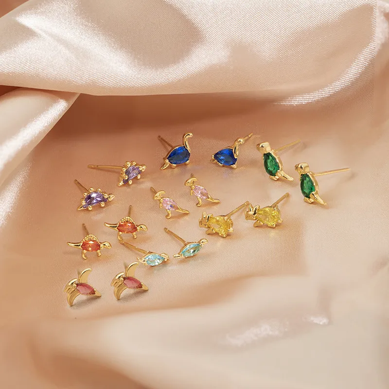 Wholesale 1 Piece Simple Style Dinosaur Inlay Copper Gem Ear Studs
