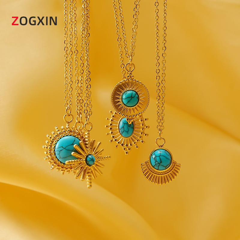Wholesale Cross-border retro turquoise necklace female titanium steel niche light luxury high-end clavicle chain fashion jewelry