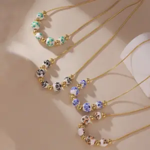 Wholesale Jewelry Elegant Classical Artistic Plant 304 Stainless Steel Ceramics Pendant Necklace Snake Chain