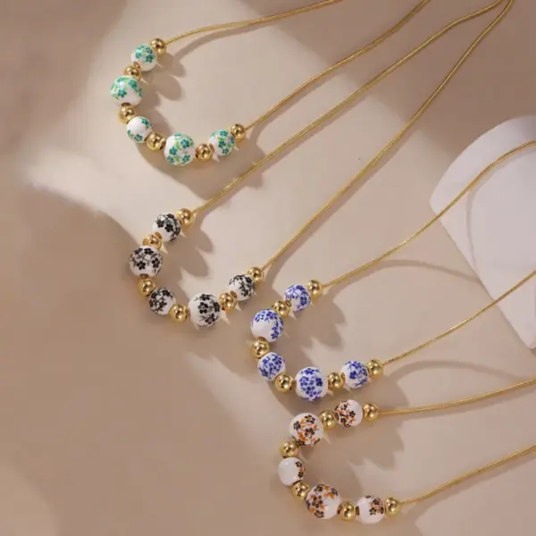 Wholesale Jewelry Elegant Classical Artistic Plant 304 Stainless Steel Ceramics Pendant Necklace Snake Chain