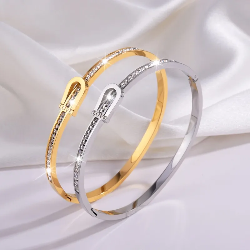 Wholesale 304 Stainless Steel Geometric Solid Color PVD Coated Rhinestones Real Gold Plated 18K Gold Hip-Hop Waterproof Non Tarnish Bangle