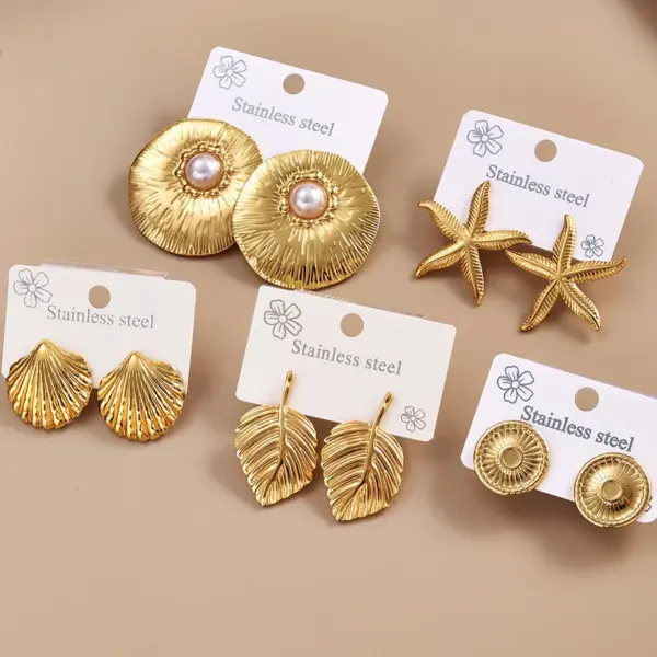 Stainless Steel 201 Starfish Shell Leaf Round Imitation Pearl Earrings Fashionable Casual Modern Style For Women All Seasons
