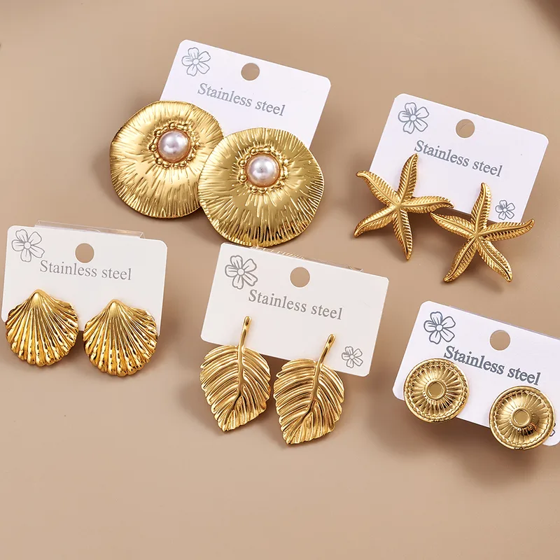 Wholesale Stainless Steel 201 Starfish Shell Leaf Round Imitation Pearl Earrings Fashionable Casual Modern Style For Women All Seasons