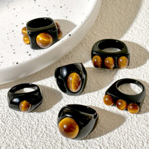Wholesale brown imitation tiger eye round square geometric resin ring simple ring tide
