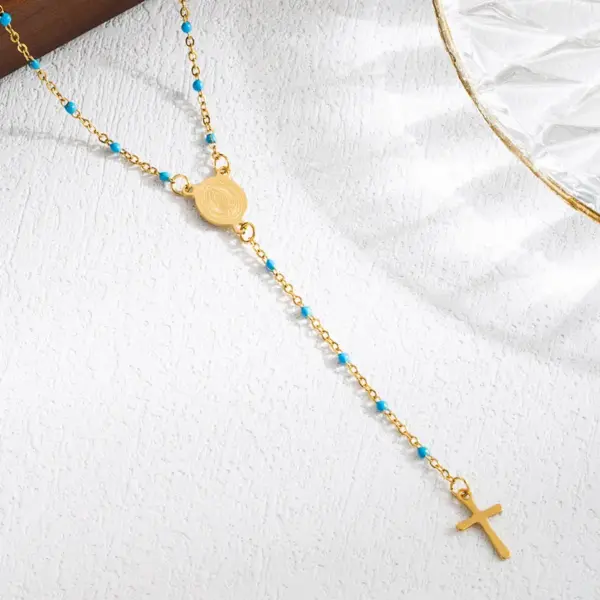 Elegant Classical Cross Virgin Mary Priest Stainless Steel Beaded Plating 18k Gold Plated Necklace