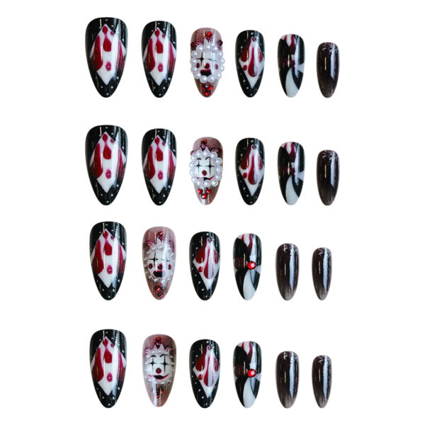 Wholesale Clown Almond Nail Tips Halloween Face Blood Drop Striped Diamond Pattern Nail Wearing