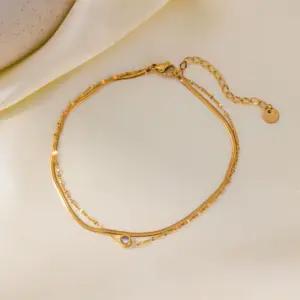 Qyb5032 Single Diamond Double Chain Anklet / Gold