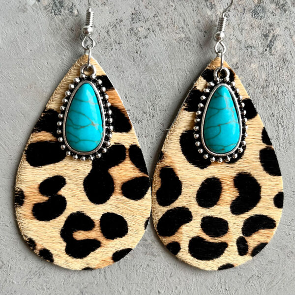 Wholesale Western Teardrop Turquoise Vintage Cow Pattern Leopard Print Earrings