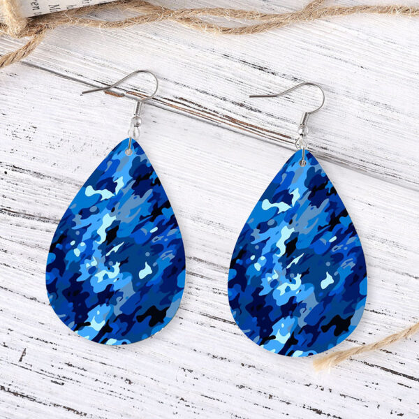 Wholesale Cross-Border Hot-Selling Military Green Colorful Camouflage Water Drop Pendant Earrings for Women Pu Leather Double-Sided Earrings Earrings Gifts