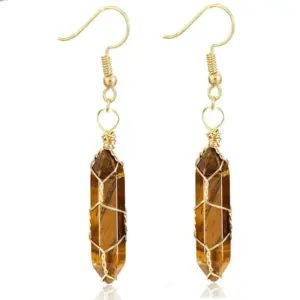 Gold Tigereye Earrings / Wire-Wound Hexagon Prism Earrings