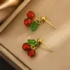 Wholesale 304 Stainless Steel Plastic Cherry Fruit Ion Plating (IP) 18K Gold Plated Cute Sweet Waterproof Non Tarnish Plating O-shaped Chain Box Chain Gold Earrings Necklace Jewelry Set