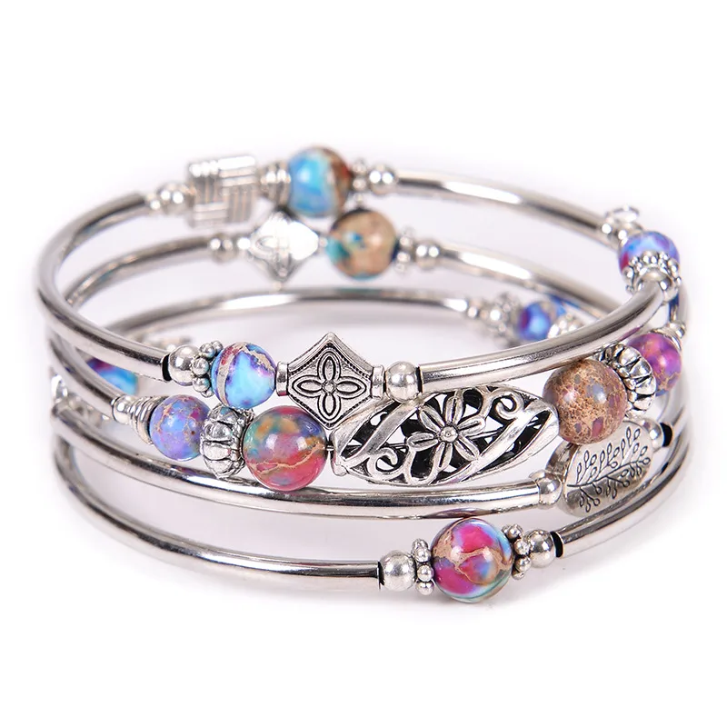 Wholesale Ethnic Style Flower Natural Stone Turquoise Tiger Eye Handmade Bangle