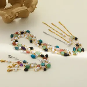 Wholesale Vacuum Electroplating (In Furnace) Plated 18K Real Gold Geometric Pattern Oval 304 Stainless Steel Imitation Pearl Natural Stone Elegant Romantic Lobster Clasp Necklace